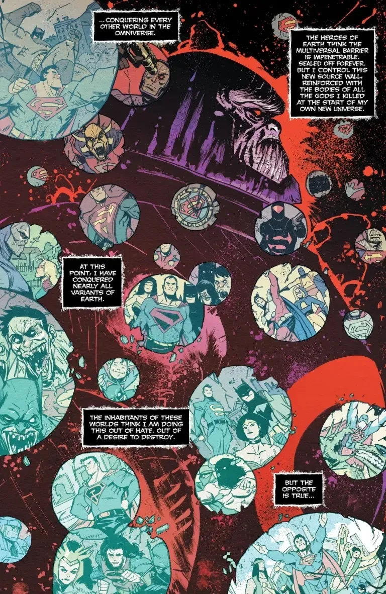 Darkseid sobre un fondo rojo, rodeado de círculos que muestran las versiones de la Tierra que ha conquistado